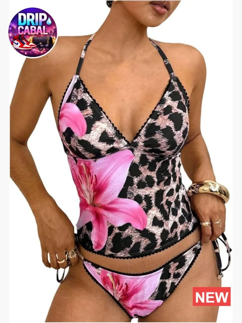 Women's 2 Piece Leopard Floral Tankini Set Halter Tie Side String Bathing Suits